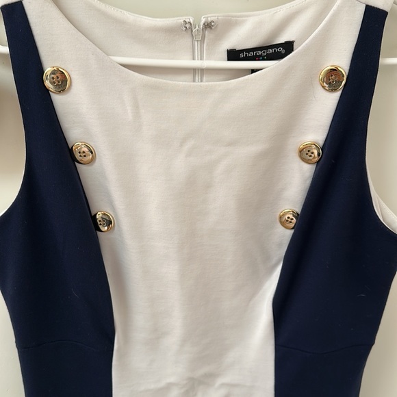 Sharagano Navy Blue and White Shift Dress with Gold Button Detail.Flattering Fit - Picture 4 of 9